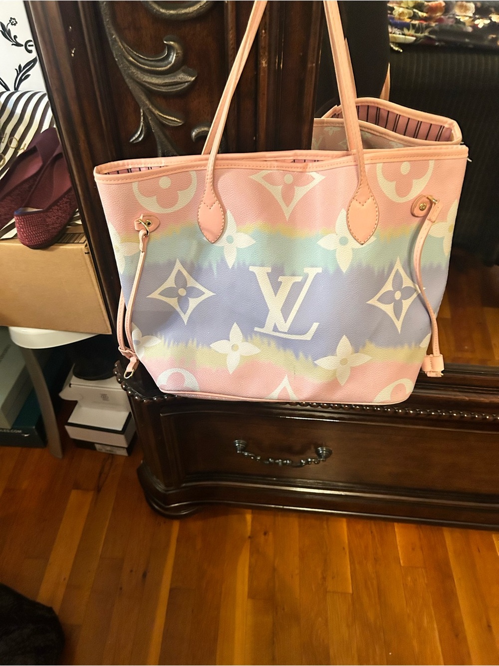 Faux Louis Vuitton Pastel Gradient Monogram Tote - Pink, Blue, Cream